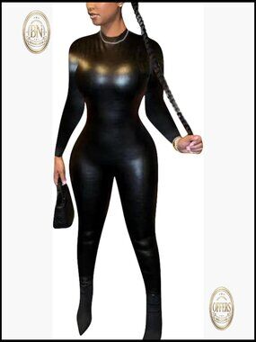 Long Sleeve Leather Jumpsuit Bodycon One Piece Slim Fit